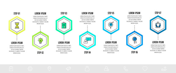 Vector infographic hexagons with 7 steps. Flat template can be used for diagram, business, web, banner, workflow layout, flowchart, info graph, timeline, content