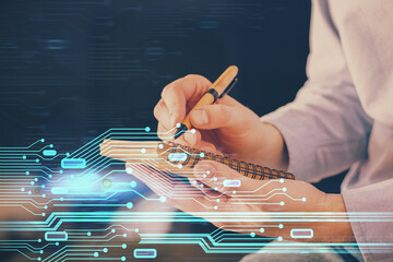 Writing human hands with tech theme multi exposure icons.