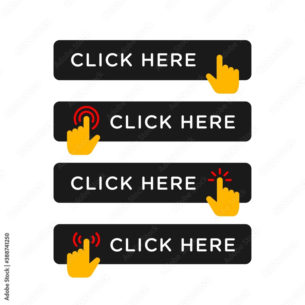 Poster click here button in flat style design with various hand finger cursor