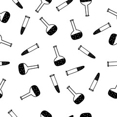 Seamless pattern of medical test tubes in doodle style. Blue ink, outline sketch style. Doodle flask for winter experiences. Vector illustration isolated on white background.