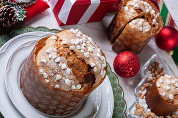.Artisanal panettone of natural fermentation, with chocolate and chestnuts. Christmas dessert