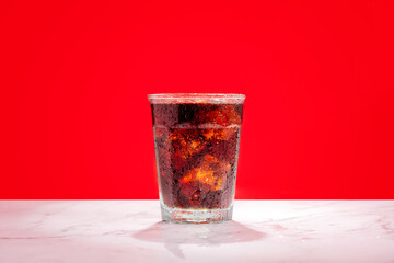 Ice cold glass of soda, cola, fizzy drink, carbonated beverage sits against a red wall on a marble...