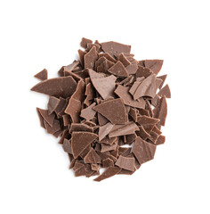 Grated dark chocolate. Chocolate flakes isolated on white background.