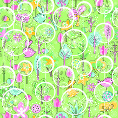 Seamless spring pattern with stylized trees