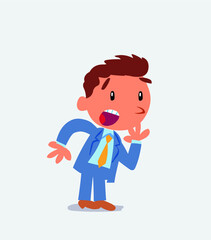Unpleasantly surprised cartoon character of businessman looks to the side