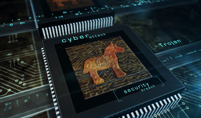 Cyber attack with Trojan symbol digital 3d illustration