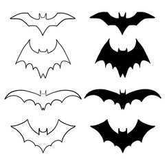 Set bats. Collection of bats. Flying bats. Halloween. Set of black silhouettes. Cartoon bats. Line art. Drawing by hand. Doodle. Tattoo.