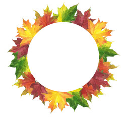 Autumn red, yellow and green maple leaves round frame on white background. Hand drawn watercolor illustration.