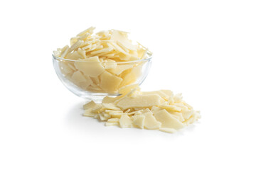 Grated white chocolate. Chocolate flakes isolated on white background.