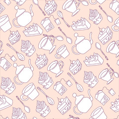 Seamless pattern of teapots and cups on a pink background. Hand-drawn light sketch for cafe, menu and textile decoration