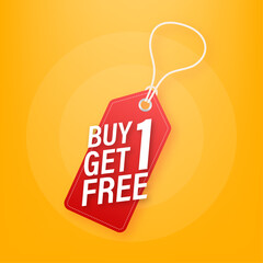 Buy 1 Get 1 Free, sale tag, banner design template. Vector stock illustration.