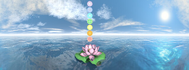 Seven chakra symbols column upon one lotus flower and water in sunset background - 3D render - obrazy, fototapety, plakaty