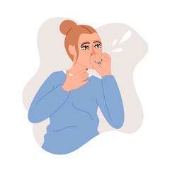 Isolated on white female character coughs and sneezes vector illustration. A symptom of flu, cold, SARS and virus design element. Allergic reacton  in cartoon style.