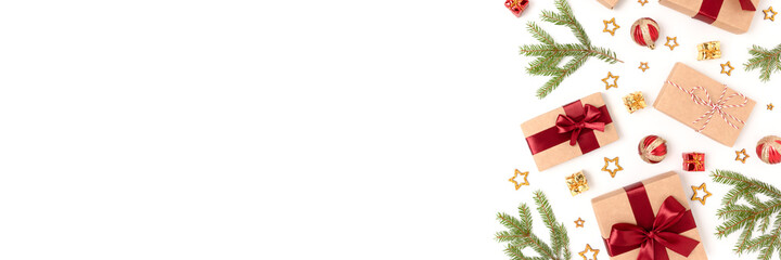 Banner with Christmas gifts and toys on a white background. Festive concept with place for your design.