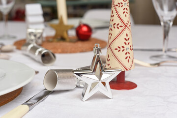 Christmas table decorations on a family home table