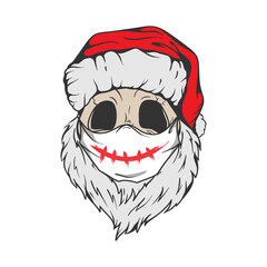 Santa Skull in Christmas hat, quarantine mask with hipster beard Line art Tattoo. Santa Claus skeleton for Gothic alternative holiday party, gift for him, shirt for men fashion print. Vector, isolated