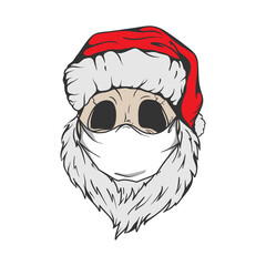 Santa Skull in Christmas hat, quarantine mask with hipster beard Line art Tattoo. Santa Claus skeleton for Gothic alternative holiday party, gift for him, shirt for men fashion print. Vector, isolated
