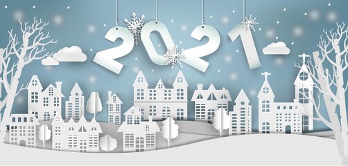 2021 happy new year and Paper city cut 2021 word for new year festival.card,happy,Vector concept paper art and new year celebration.
