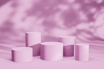 Five cylindrical podium, pedestal, platform for the presentation. Concept of pink minimalistic studio scenes with shadows. 3d rendering
