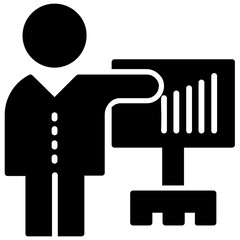 
Human avatar of seo trainer standing beside a board and lecturing, icon denoting seo training concept 

