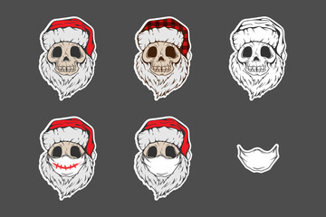 Santa Skull in Christmas hat with hipster beard Line art Tattoo. Sticker set. Santa Claus skeleton for Gothic alternative holiday party, gift for him, shirt for men fashion print, hand drawing. Vector