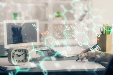 Science formula hologram over woman's hands taking notes background. Concept of study. Double...
