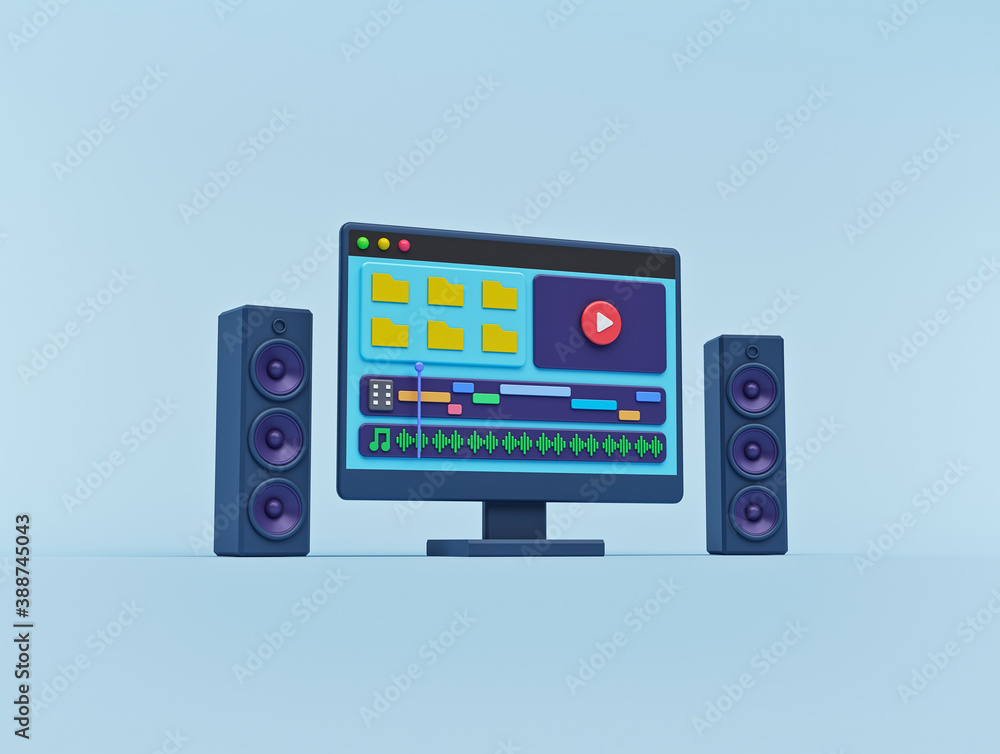 Poster video editing interface software application on computer monitor. cartoon style minimal design. 3d r