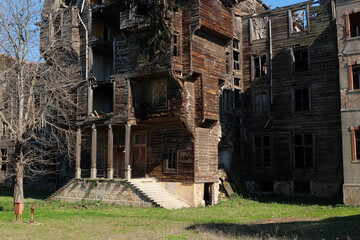 Abandoned building. Old house. Old wooden mansion from Prince's Islands in Istanbul. Shabby deck's...