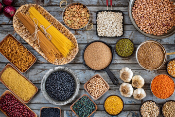 Various of organic legumes on the wooden table
