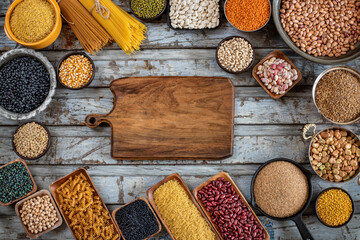 Various of organic legumes on the wooden table
