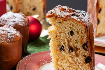 .Artisanal panettone of natural fermentation, with chocolate and chestnuts. Christmas dessert