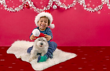 Boy with his puppy at christmas putting on the santa claus hat