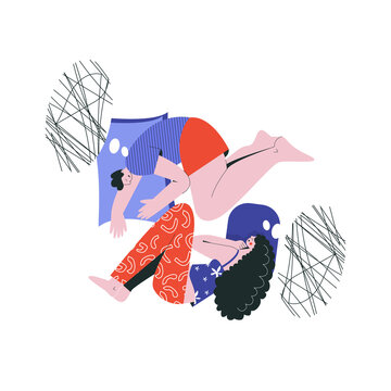 Bad night sleep concept. Sleeping discomfort, insomnia, nightmire, disturbed. Couple in bedroom, partners night terrors. Adult thoughts in dream, thinking about relationship flat vector illustration 