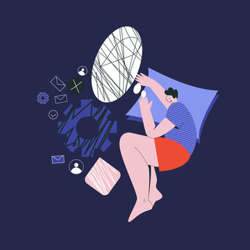 Bad night sleep concept. Sleeping discomfort, insomnia, nightmire, disturbed.  Man awake in stress, office character night. Adult thoughts in a dream, thinking about work  flat vector illustration 
