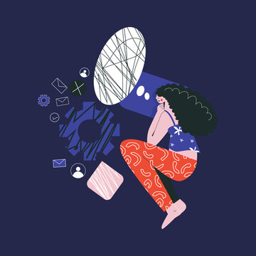 Bad night sleep concept. Sleeping discomfort, insomnia, nightmire, disturbed.  Woman awake in stress, office character night. Girl thoughts in a dream, thinking about work  flat vector illustration 