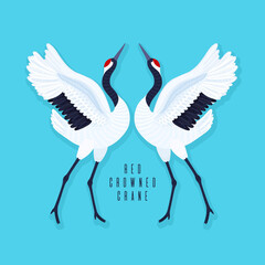 Pair of red crowned cranes and heart. Blue background with dancing East Asian birds. Endangered species. Card, print on t-shirt and other apparel, cover, banner, poster, label. Vector illustration