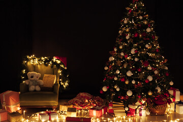 Light garlands of Christmas tree decor presents new year night interior