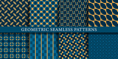 Vector set of geometric seamless patterns, textures, backgrounds. Geometric graphic design shapes, colored.