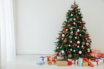 Christmas tree with gifts decor New Year interior postcard