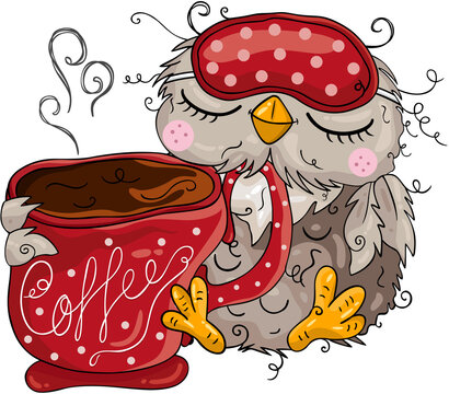 Cute owl with coffee cup