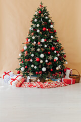 Christmas tree with gifts decor New Year interior postcard