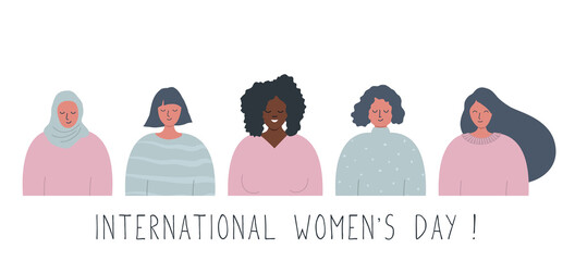 International Women's Day concept. Women's community. There are women of different races in the picture. People icons. Vector illustration.