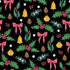Christmas seamless pattern with red bow, holly and branches for gift paper
