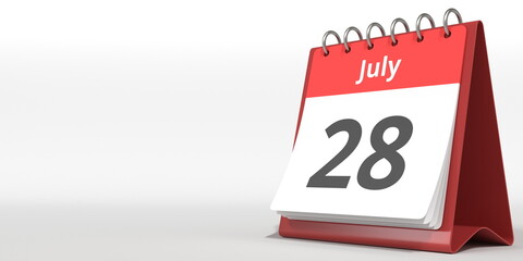July 28 date on the flip calendar page, 3d rendering
