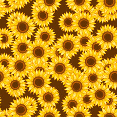 Sunflowers seamless pattern. Flowers on a brown background. Vector illustration.