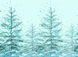 Watercolor art illustration. Drawing of the blue forest, pine tree, spruce, cedar. Dark, dense forest, suburban landscape. Postcard, logo, card, banner. Misty forest, haze. seamless linear background