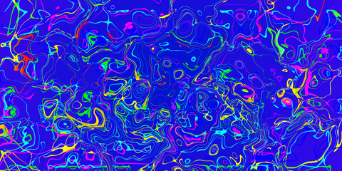 Abstract pink yellow and red lines wavy stripes on blue background.