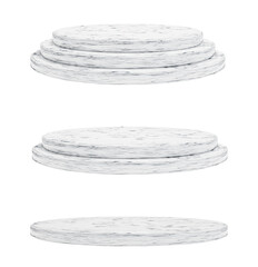 collection of blank cylinder marble stone podium, stand 1 2 3 steps isolated on white background, showcase product, 3d rendering