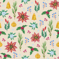 Christmas seamless pattern with poinsettia flowers, holly branches and berries
