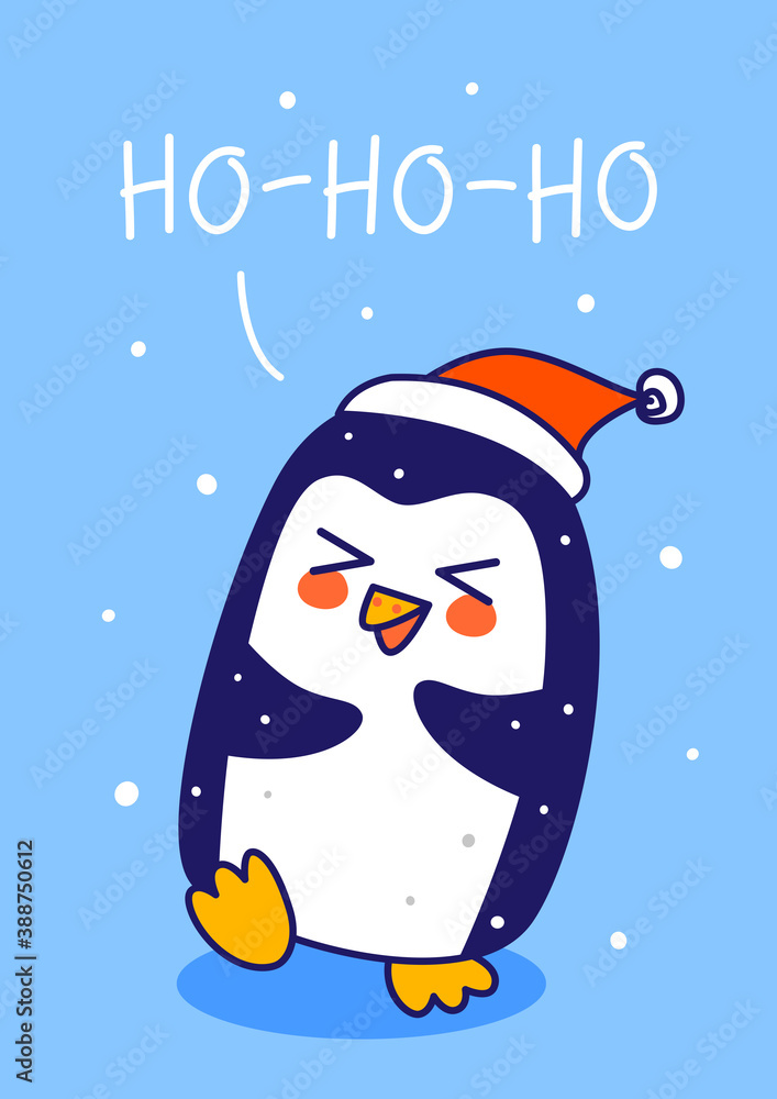 Wall mural Cute little penguin wearing Santa hat on blue background - cartoon character for funny Christmas and New Year winter greeting card and poster design